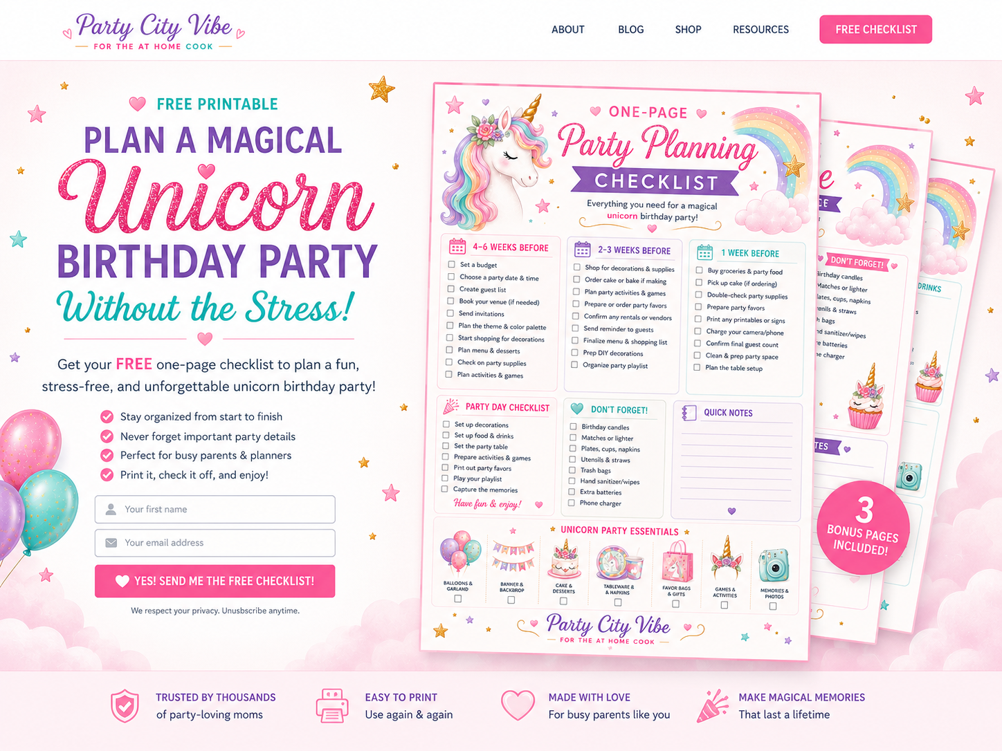 Unicorn birthday party checklist printable page preview