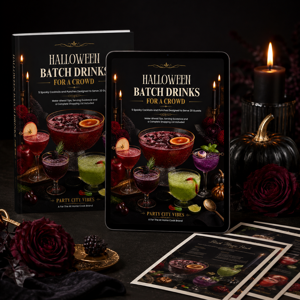 Halloween Batch Drinks for a Crowd digital recipe guide displayed on a tablet