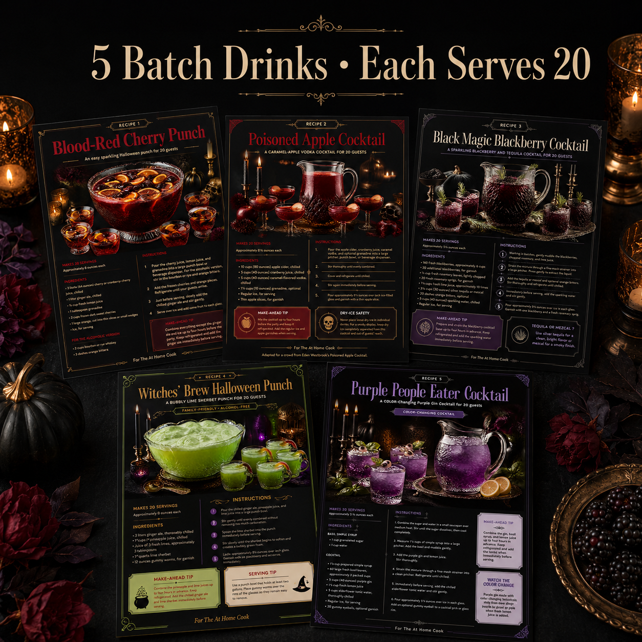 Preview of the five Halloween batch-drink recipe pages