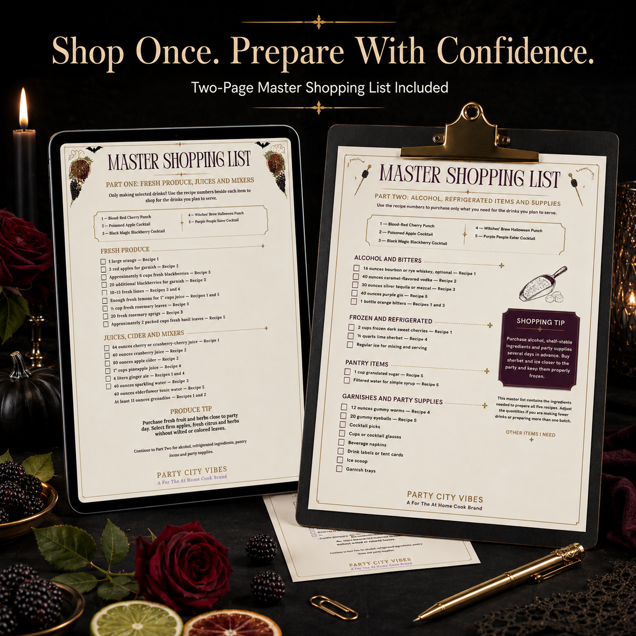 Two-page master shopping list included with the Halloween drink guide
