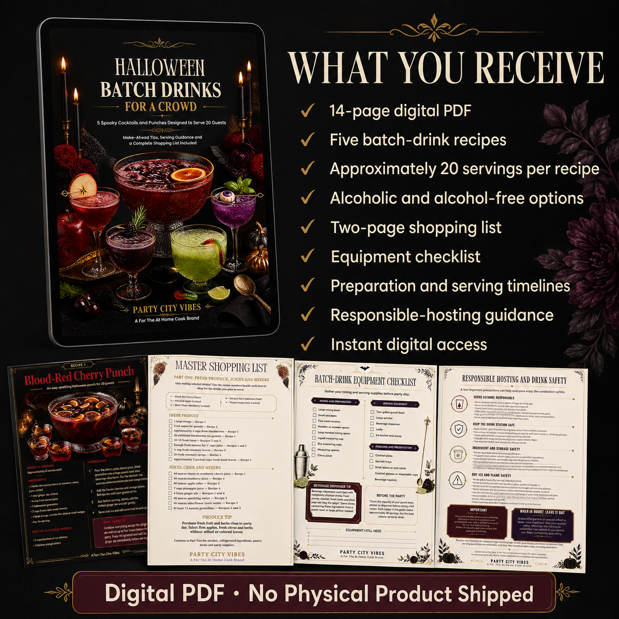 Summary of everything included in the Halloween Batch Drinks for a Crowd digital PDF
