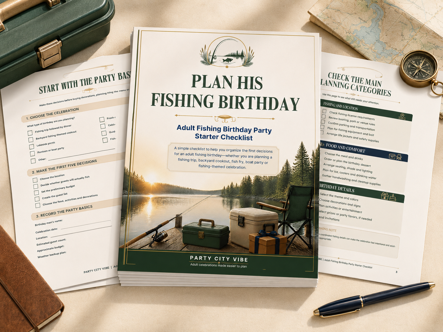 Adult fishing birthday celebration beside a lake