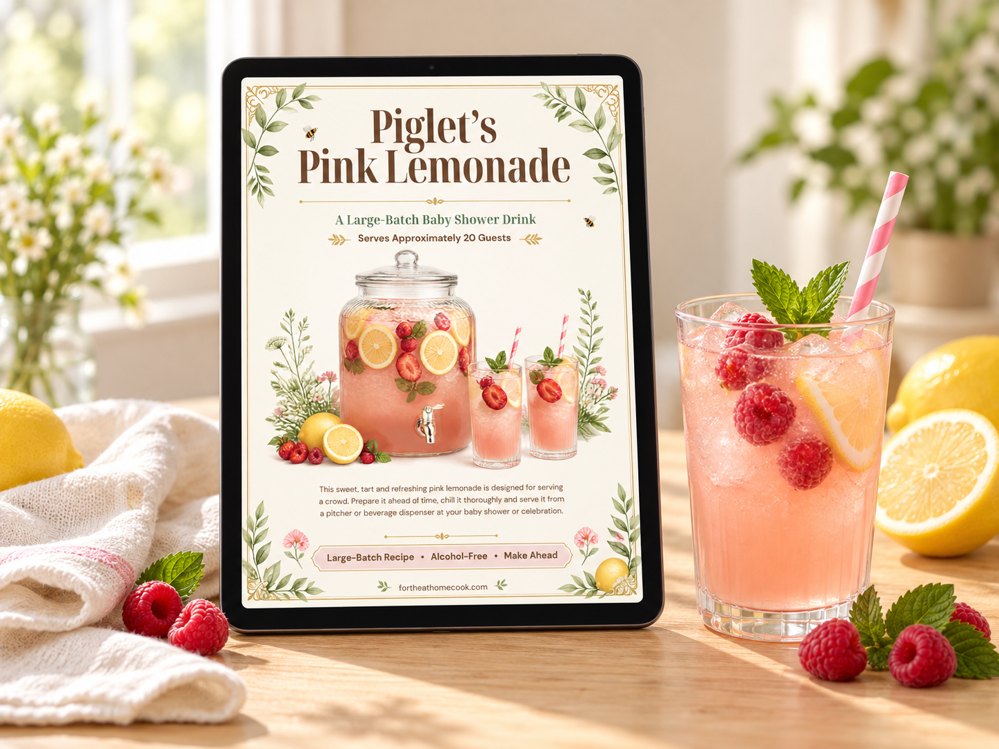 Free Piglet’s Pink Lemonade recipe displayed on a tablet beside a glass of pink lemonade