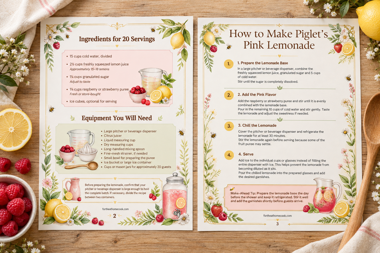 Ingredients and directions pages from the Piglet’s Pink Lemonade printable recipe