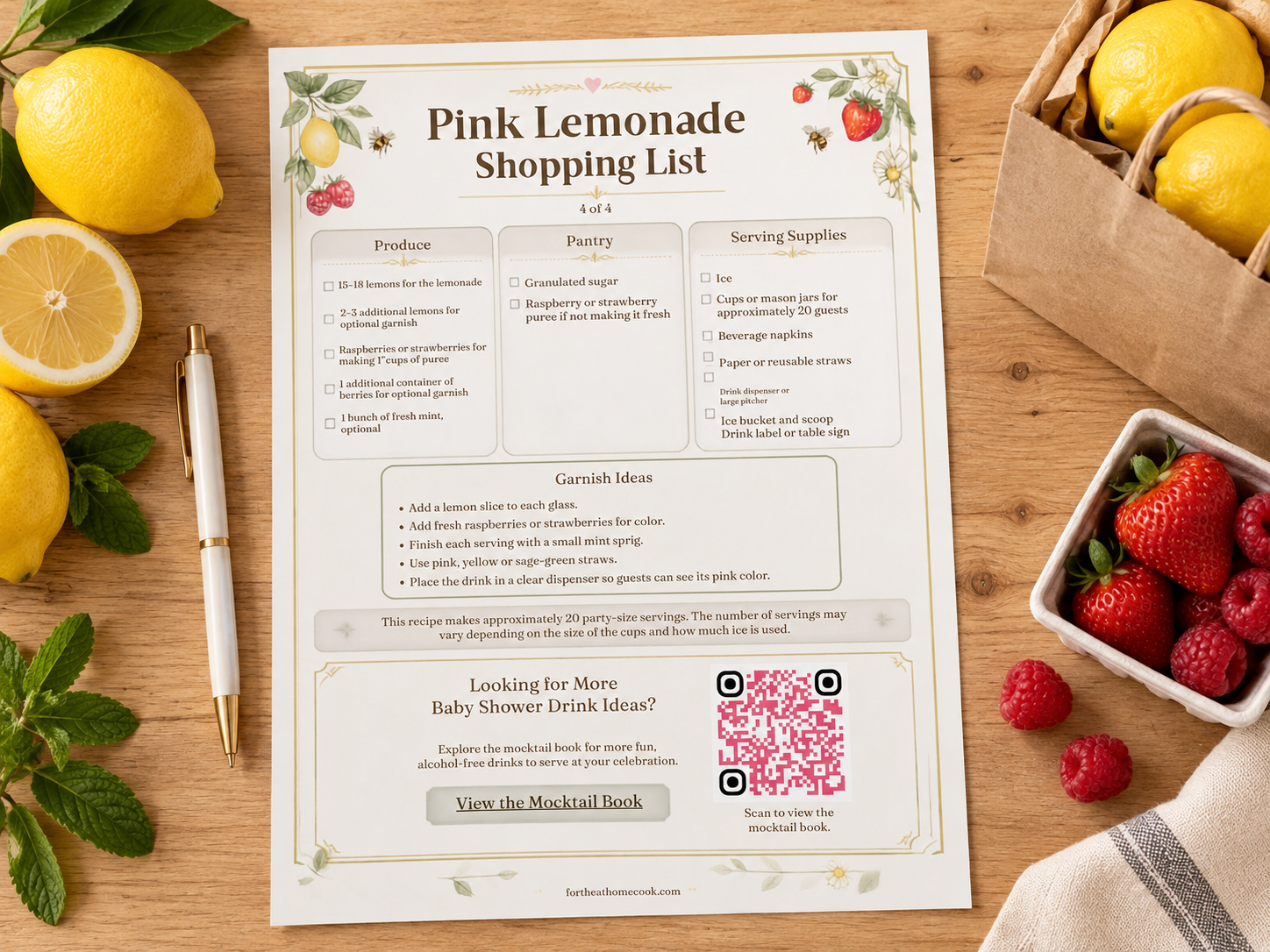 Pink Lemonade shopping-list page beside lemons, berries and a small grocery bag