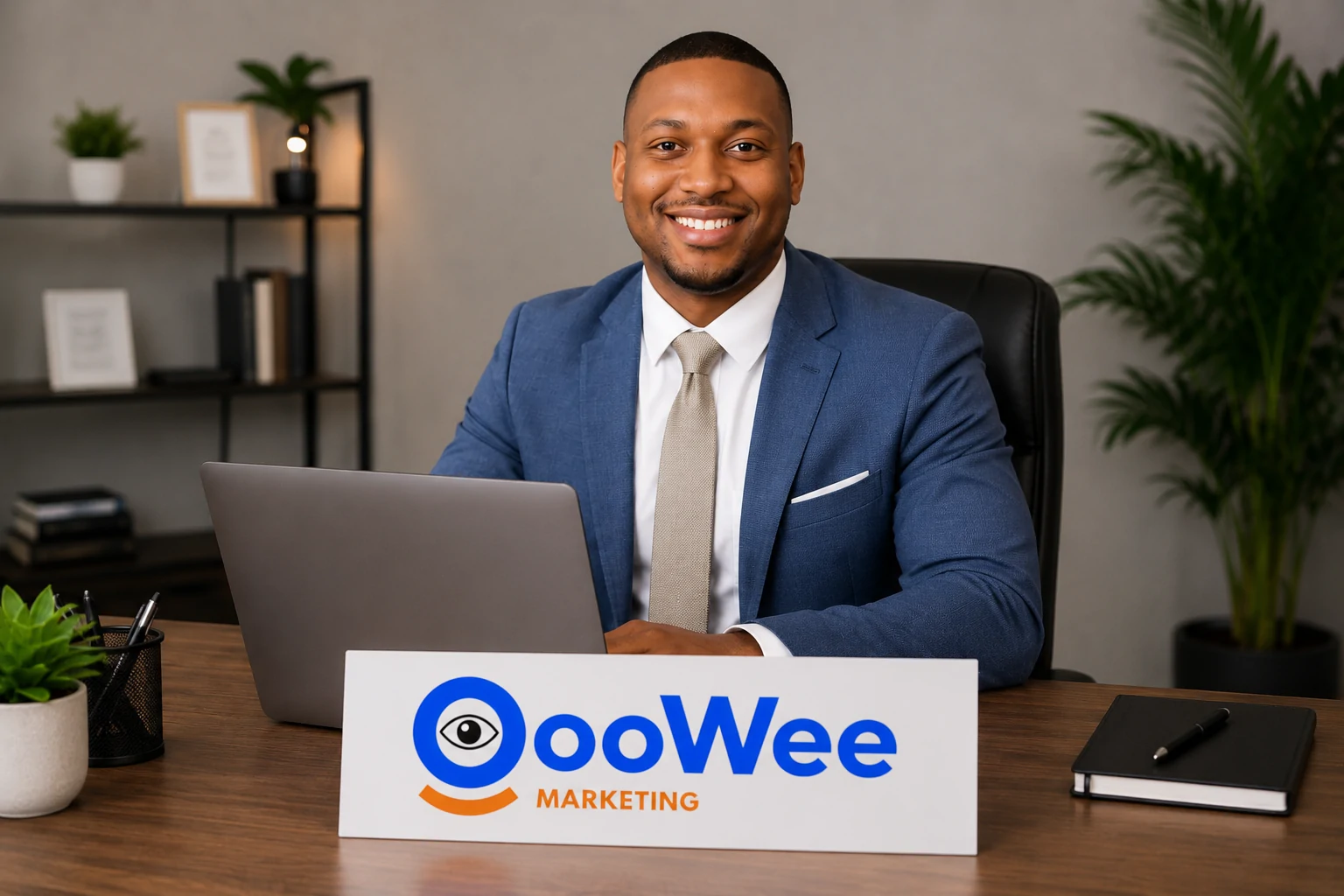 Smiling OooWee Marketing representative seated at a desk with a laptop and branded company sign