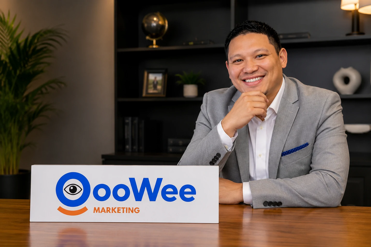 Smiling OooWee Marketing representative in a gray suit seated beside an OooWee Marketing sign