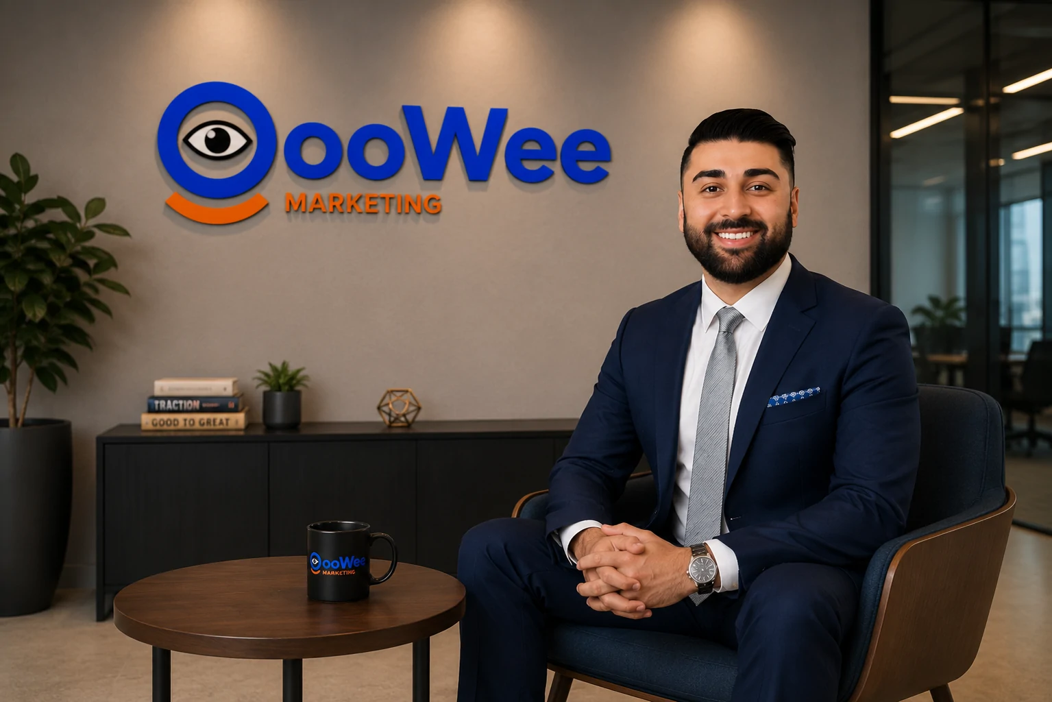 OooWee Marketing representative in a navy suit seated in a professional office beside the OooWee Marketing logo