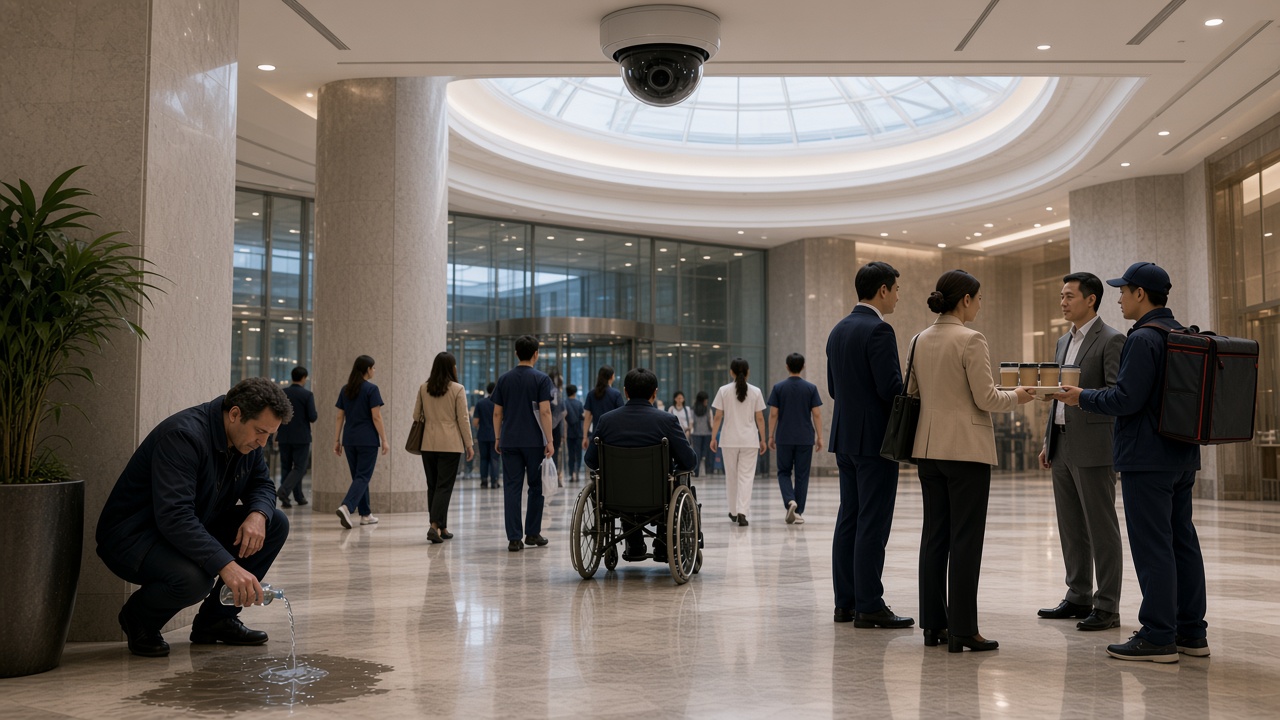 A busy, sunlit hospital lobby seen beneath a ceiling-mounted dome security camera: staff in scrubs, a visitor in a wheelchair, colleagues sharing coffee near the entrance, and a staff member kneeling to address a spill on the marble floor.