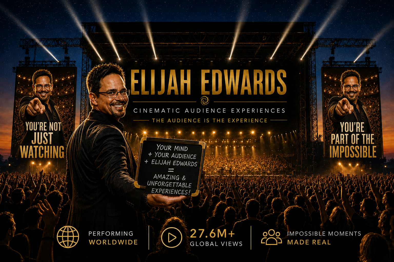 Elijah Edwards presenting Cinematic Audience Experiences before a large live audience with the message The Audience Is the Experience