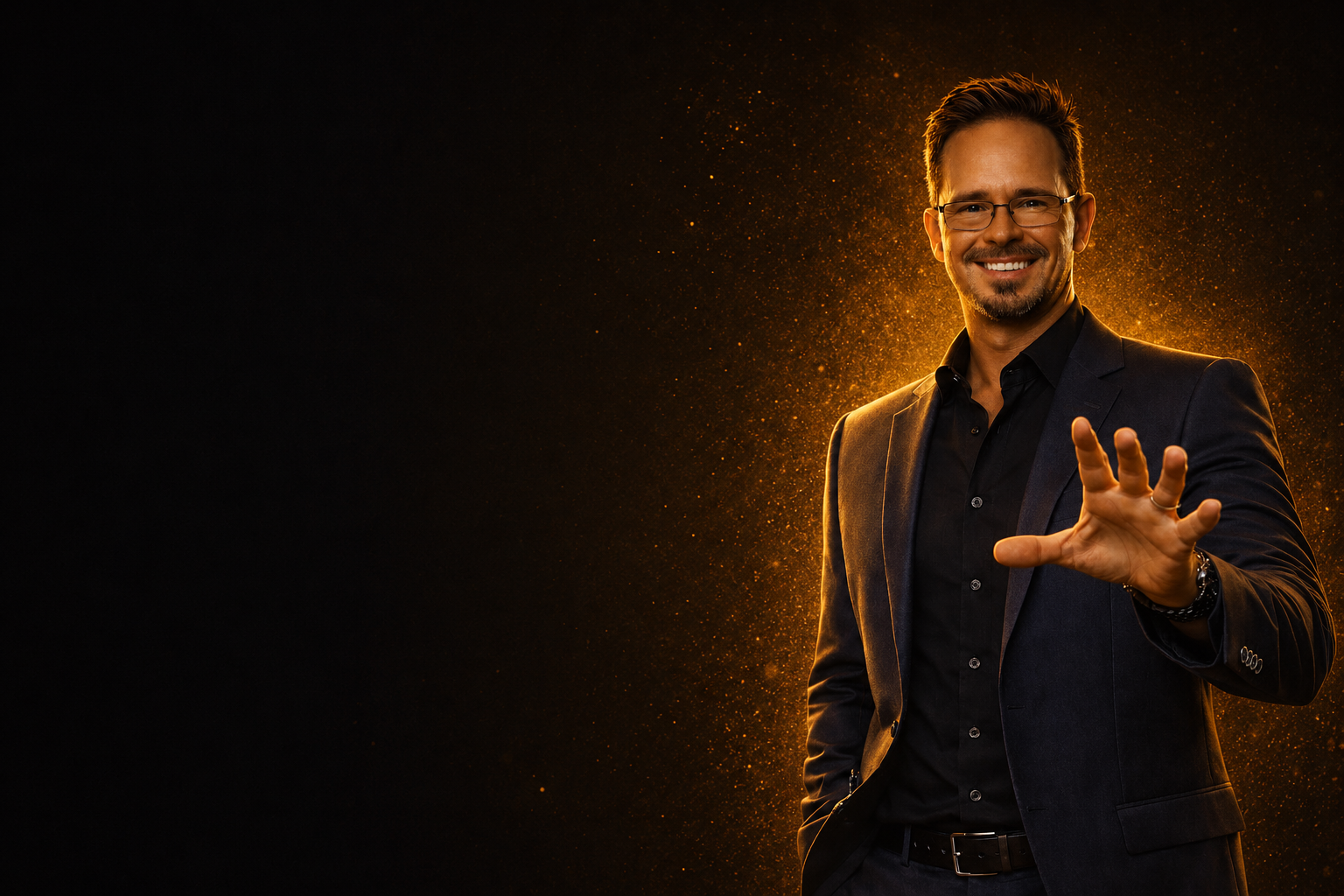 Elijah Edwards smiling and extending his hand against a black-and-gold background.