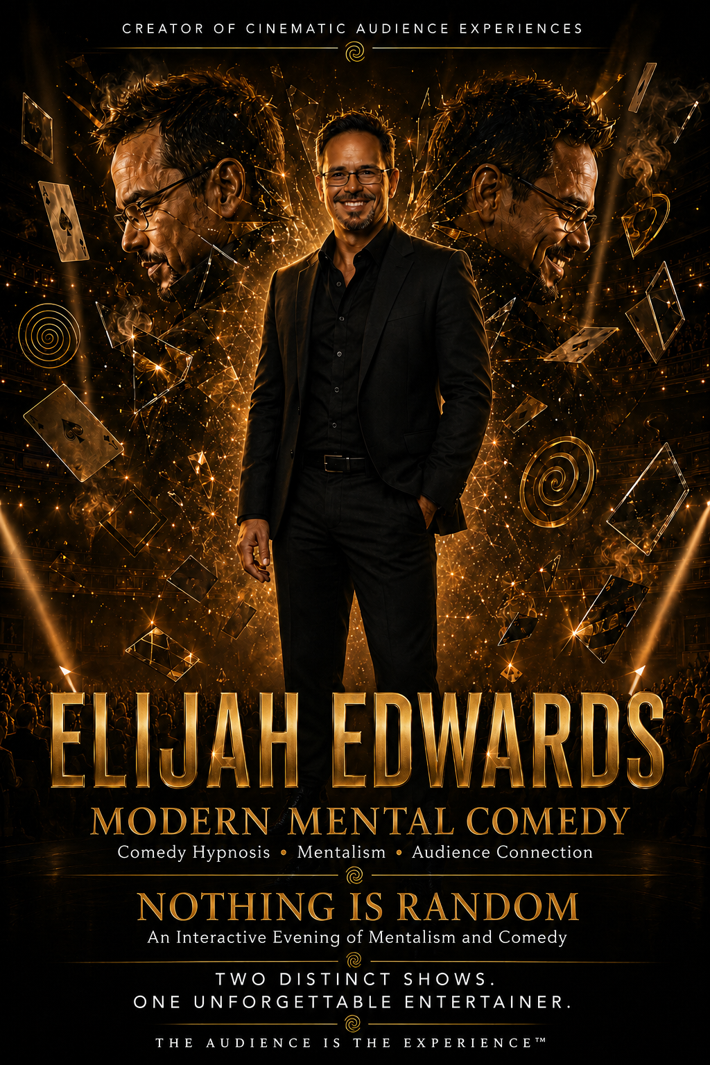 Elijah Edwards standing promotional poster for Modern Mental Comedy and Nothing Is Random interactive entertainment