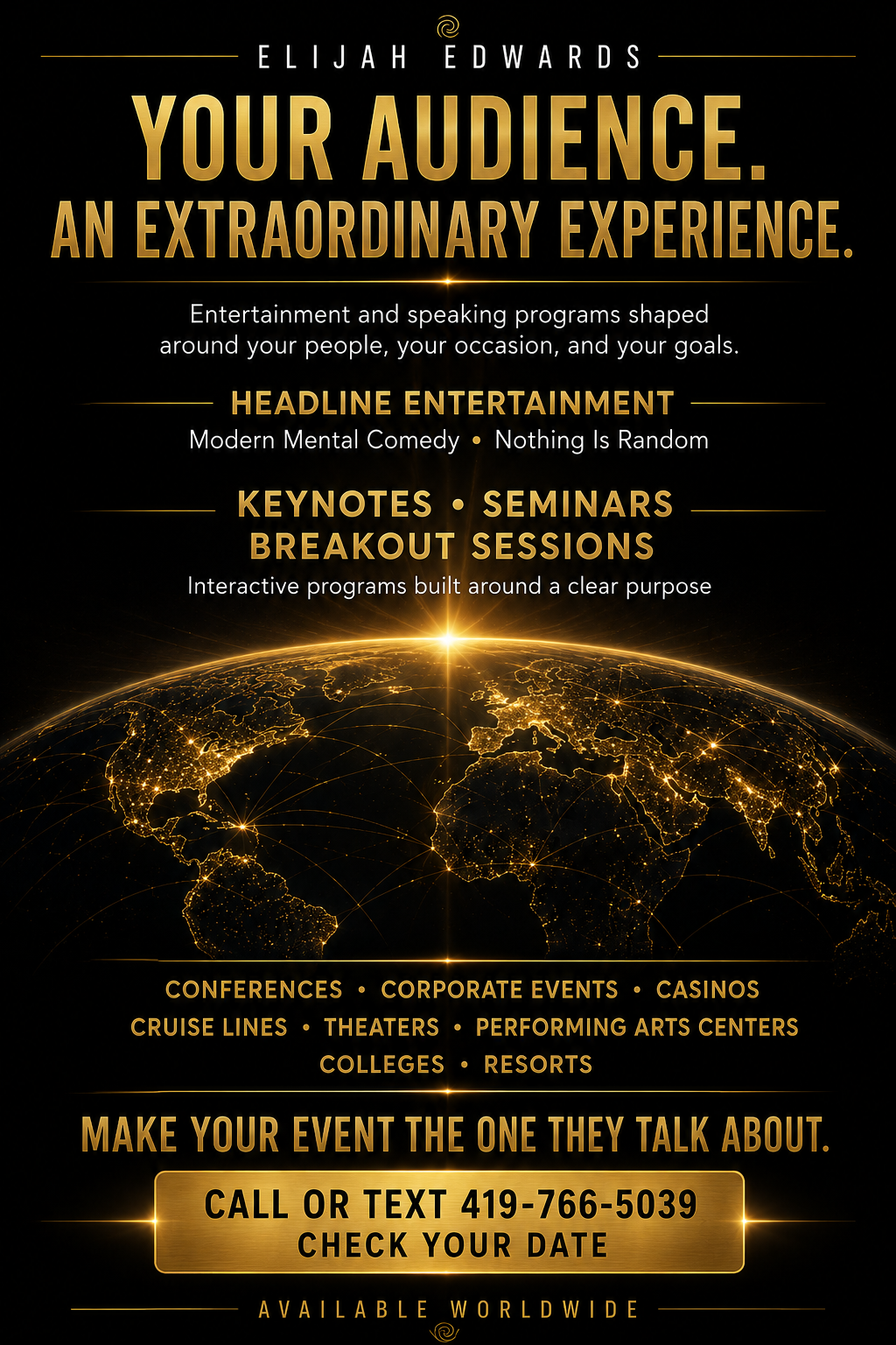 Elijah Edwards global entertainment poster featuring Modern Mental Comedy, interactive mentalism, keynotes and seminars for audiences worldwide