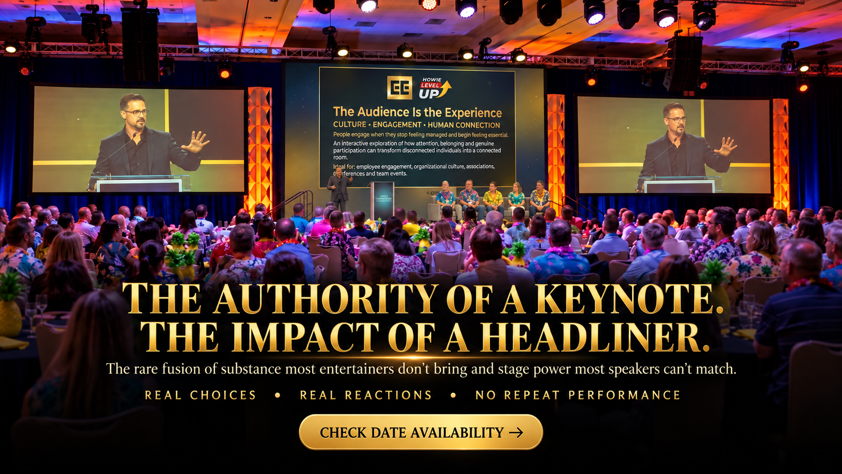 Elijah Edwards delivering a keynote in a live corporate ballroom audience. Check date availability.