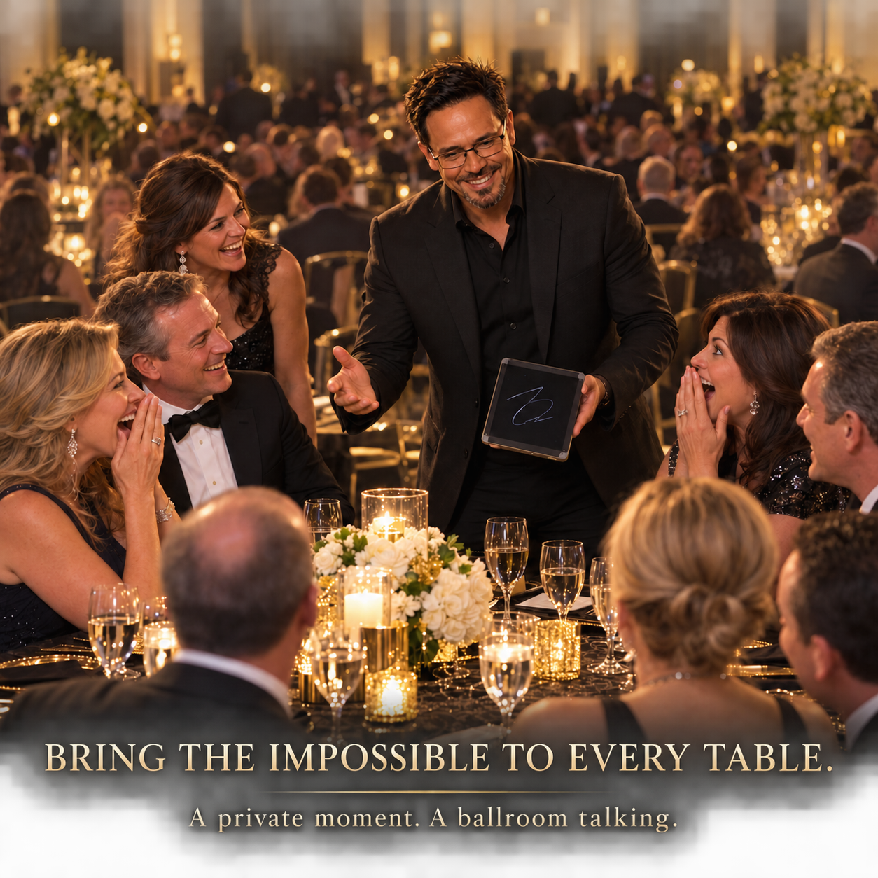 Elijah Edwards bringing interactive strolling mentalism directly to guests at tables throughout a grand ballroom
