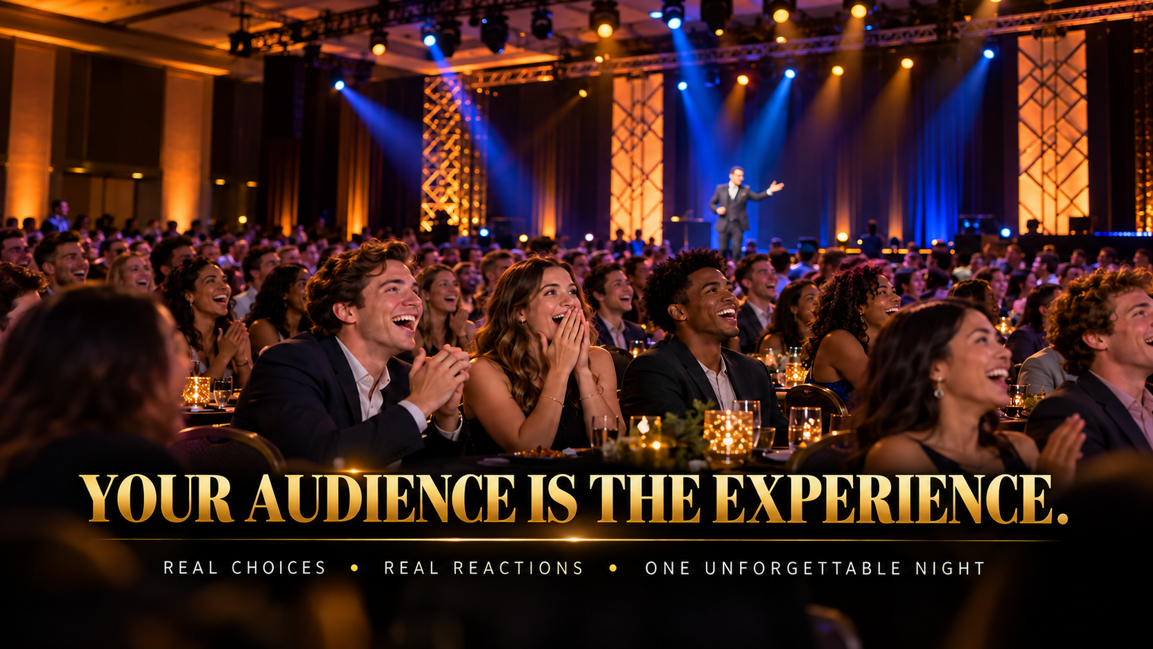 An engaged live-event audience watching Elijah Edwards perform with the message Your Audience Is the Experience