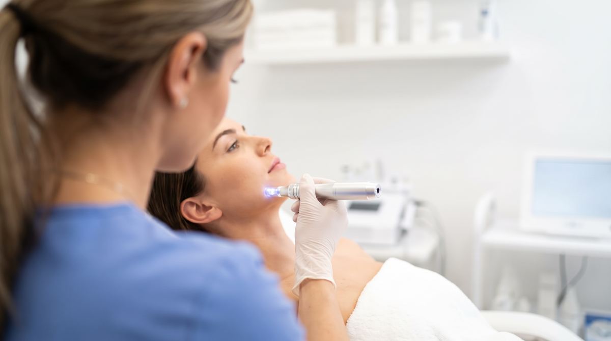 Cosmetóloga con uniforme azul aplicando un dispositivo de microneedling en una cabina blanca