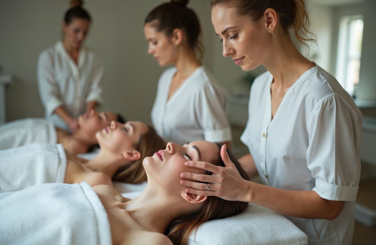 Instructora mostrando una técnica facial a alumnas en un aula de cosmetología