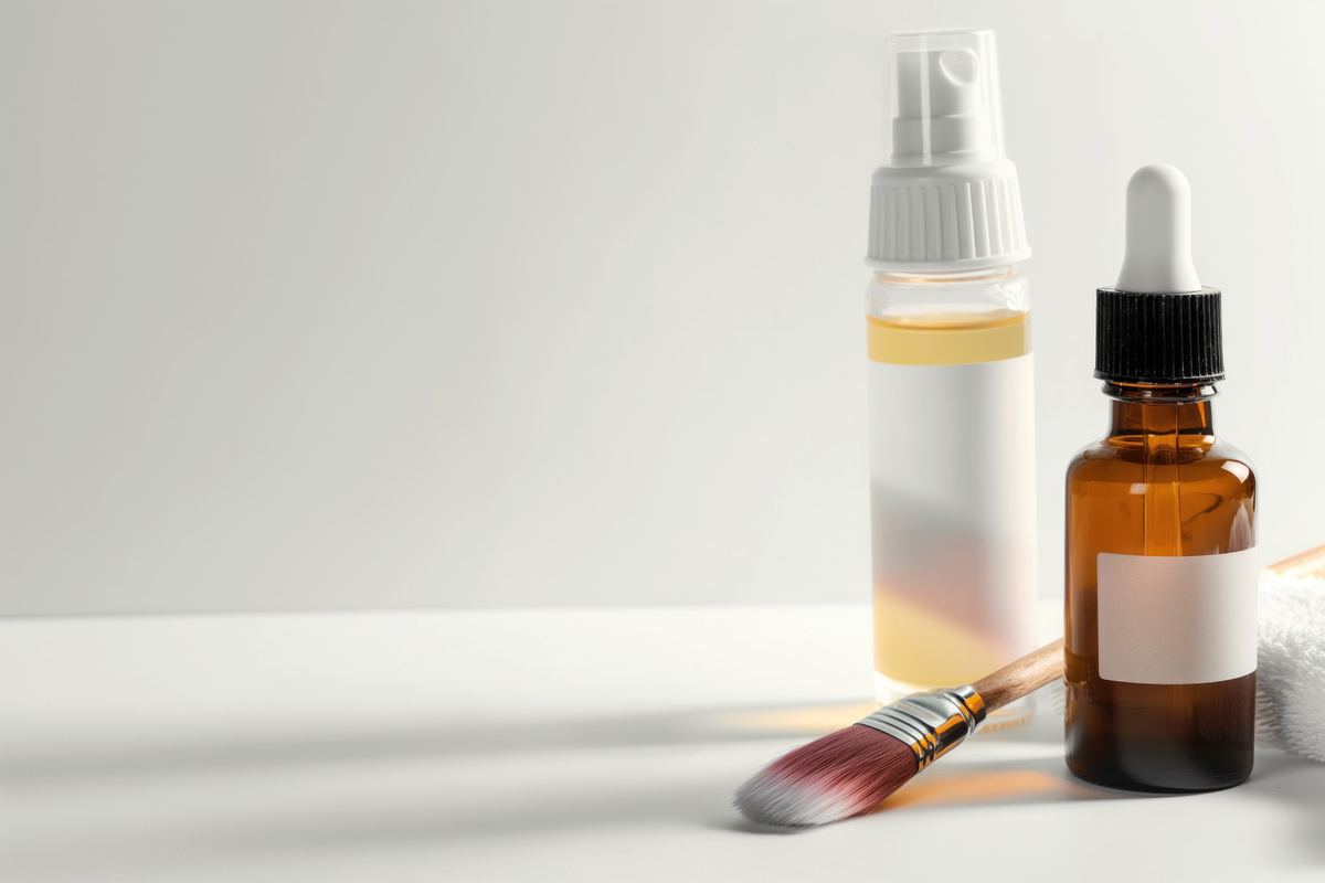 Frascos de solución de peeling con gotero y brocha sobre superficie clara