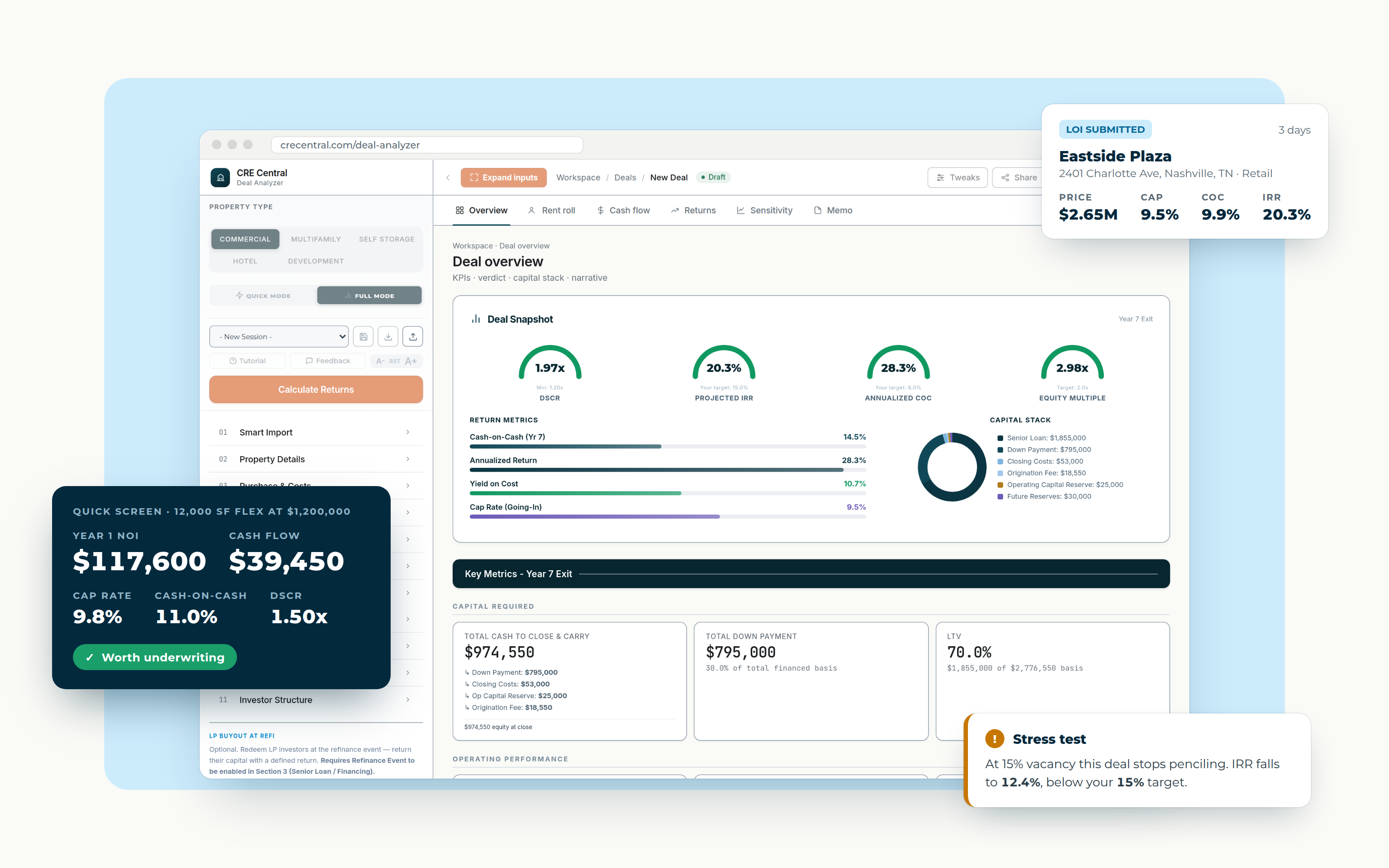 CRE Central Pro Deal Analyzer with quick screen, pipeline card and stress test