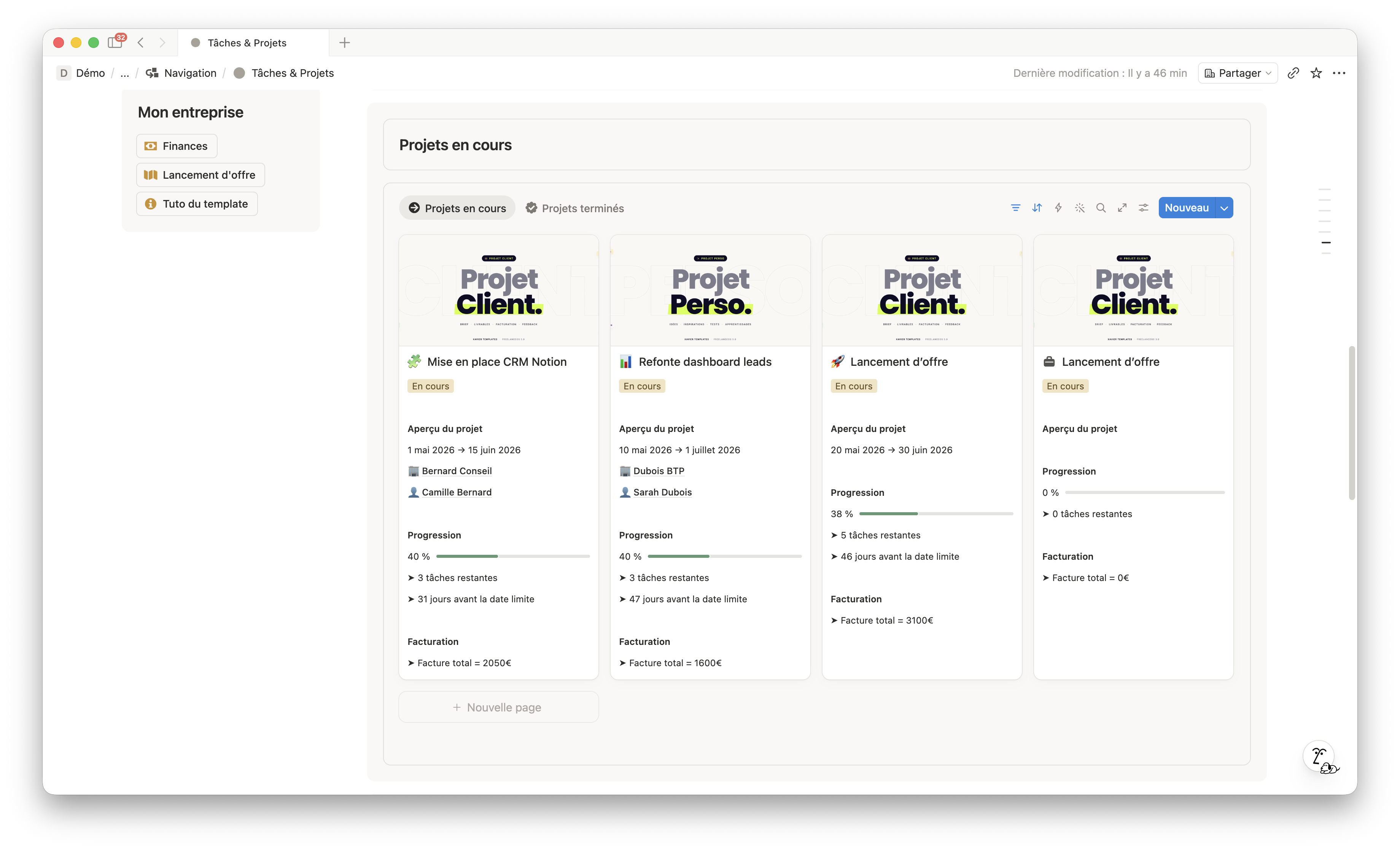Système d'organisation freelance dans Notion : vue centralisée des projets, clients et tâches quotidiennes. Issu de FreelanceOS.