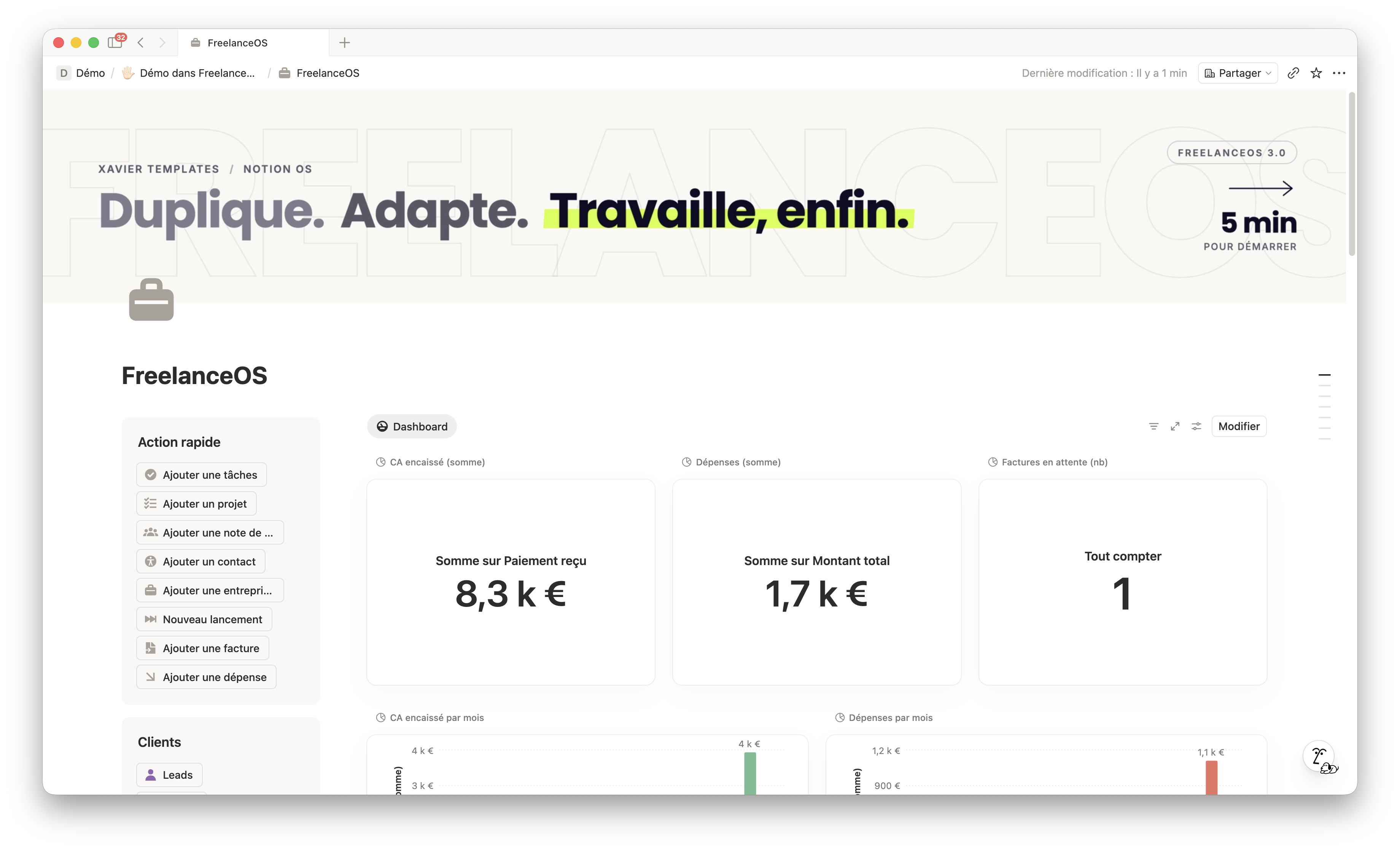 Aperçu FreelanceOS 3.0 dans Notion : dashboard, CRM, projets, finances, espace client