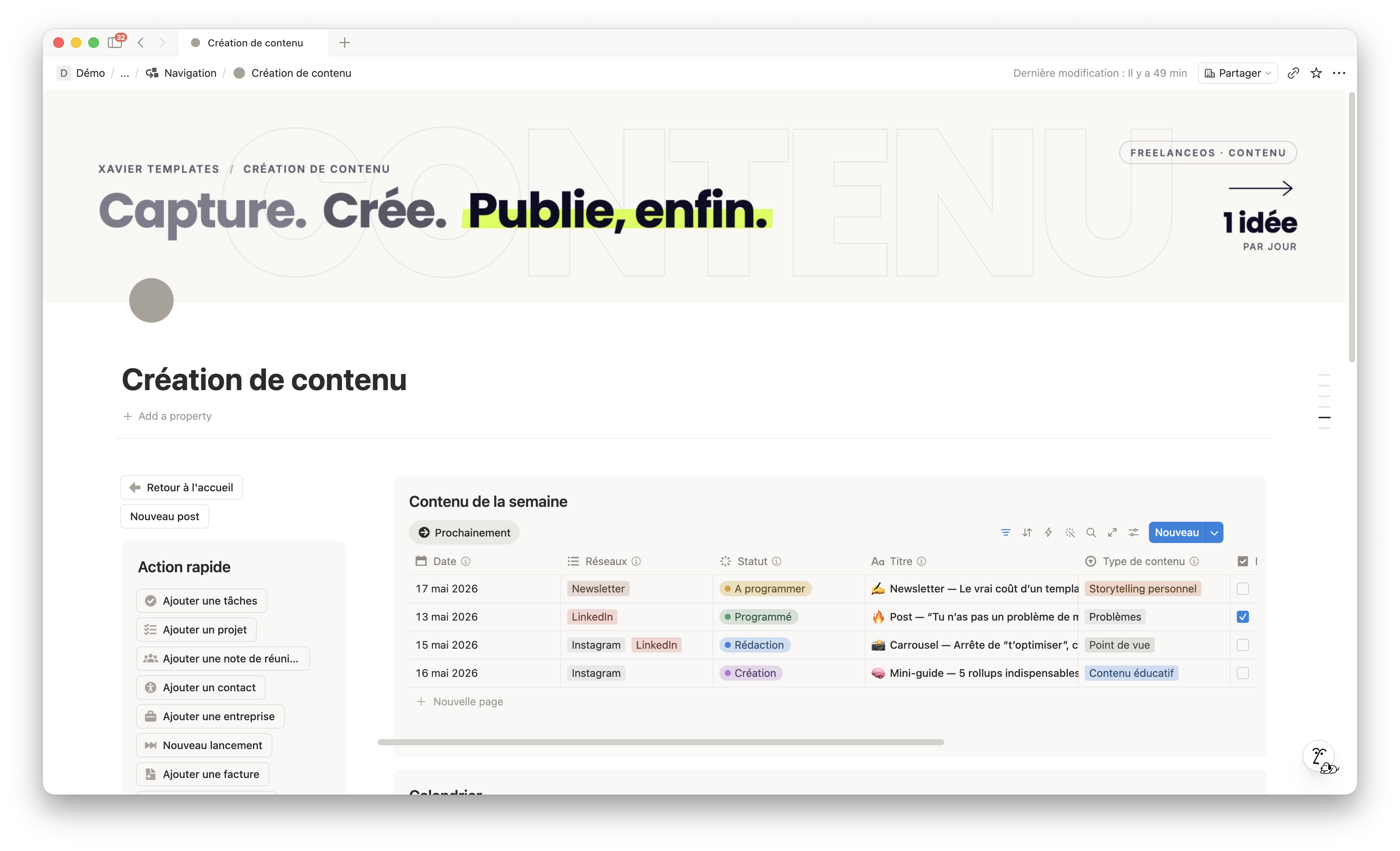 Système de gestion de création de contenu freelance dans Notion : calendrier éditorial, statuts, piliers thématiques. Issu de FreelanceOS.