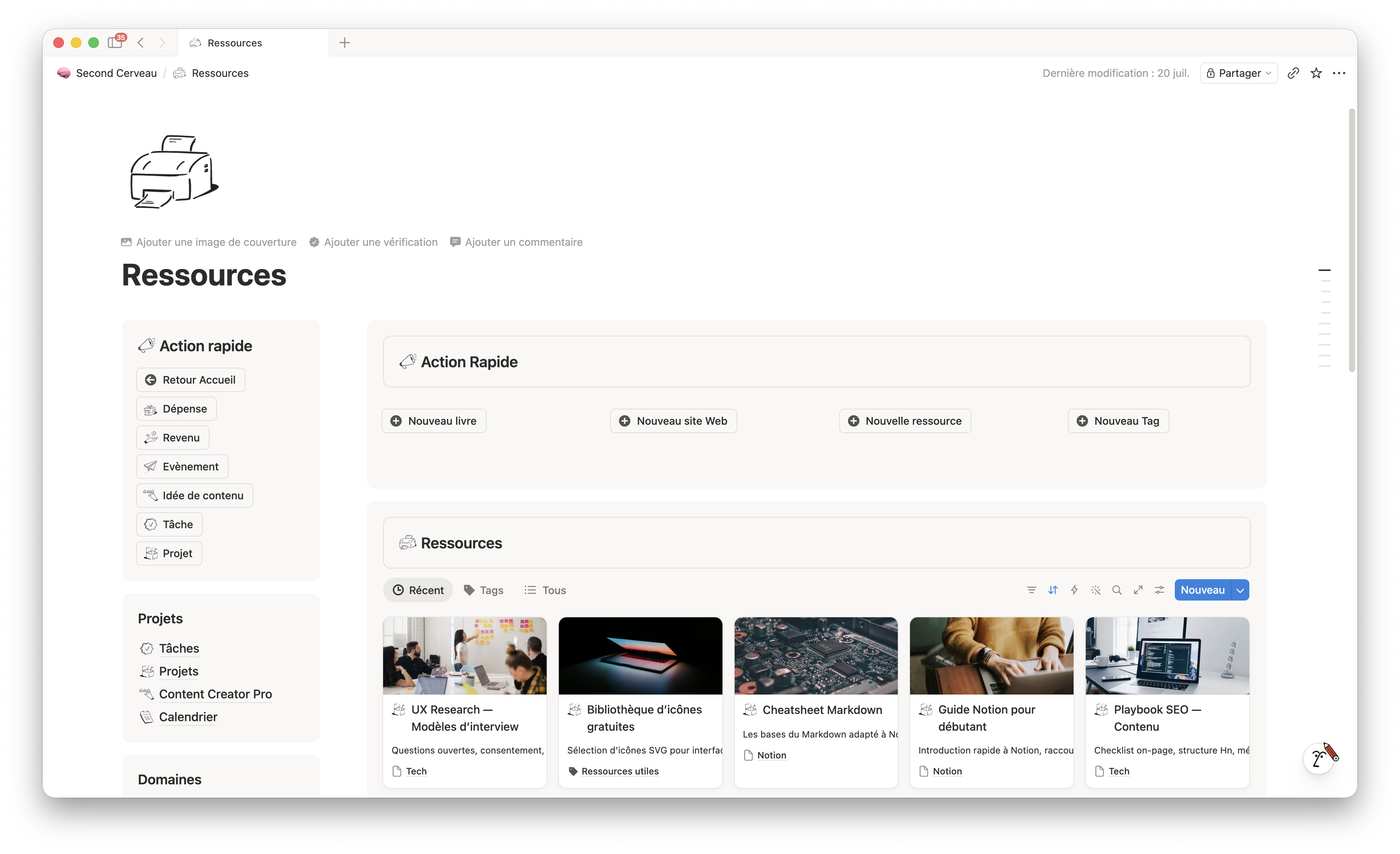 La base Ressources du second cerveau dans Notion