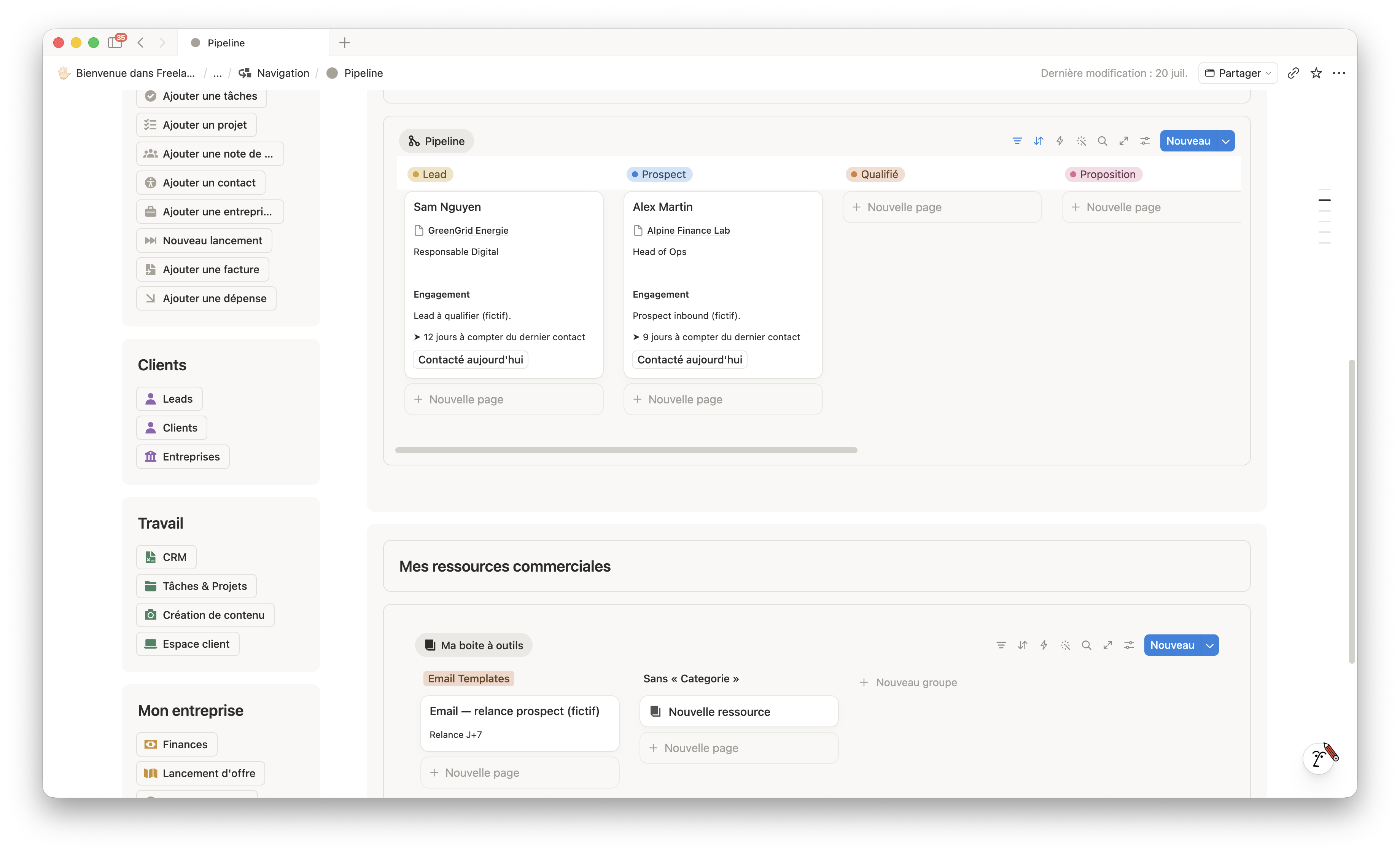 Le CRM de FreelanceOS : pipeline prospects et clients dans Notion