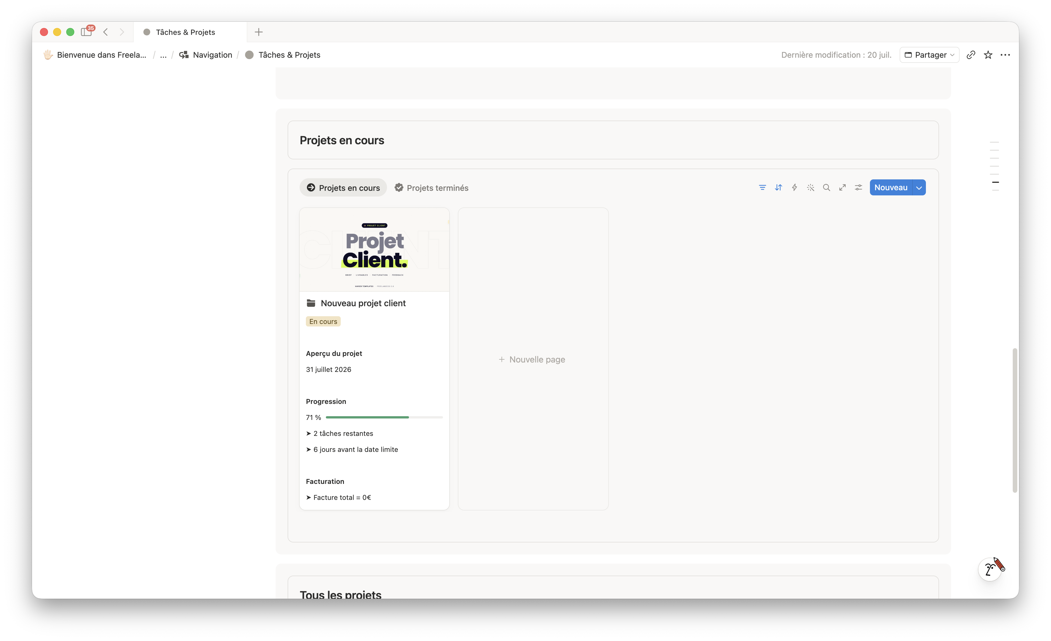 La vue projets de FreelanceOS dans Notion