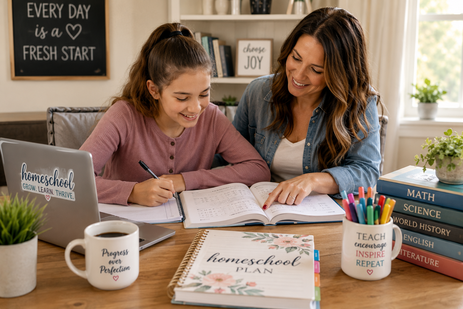 Homeschooling in Florida: parent working with middle school student on math and online coursework in a personalized learning environment.