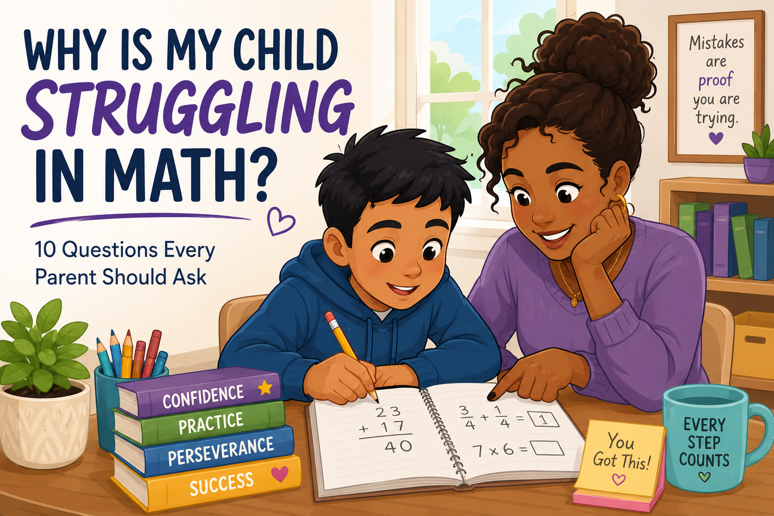 Parent helping a child struggling with math homework and building confidence through personalized learning support. Parent helping a child struggling with math homework and building confidence through personalized learning support.