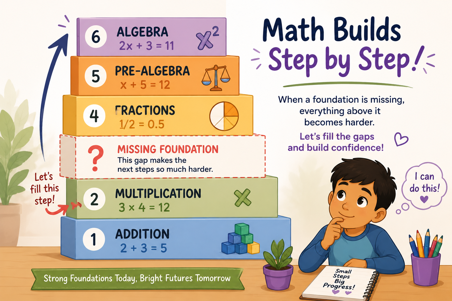 Math learning progression infographic showing how missing foundational math skills can create learning gaps that impact multiplication, fractions, pre-algebra, and algebra success. Math learning progression infographic showing how missing foundational math skills can create learning gaps that impact multiplication, fractions, pre-algebra, and algebra success.