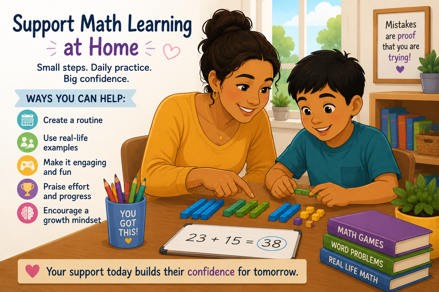 Parent helping a child learn math at home using hands-on activities, visual math tools, and positive encouragement to build confidence and problem-solving skills. Parent helping a child learn math at home using hands-on activities, visual math tools, and positive encouragement to build confidence and problem-solving skills.