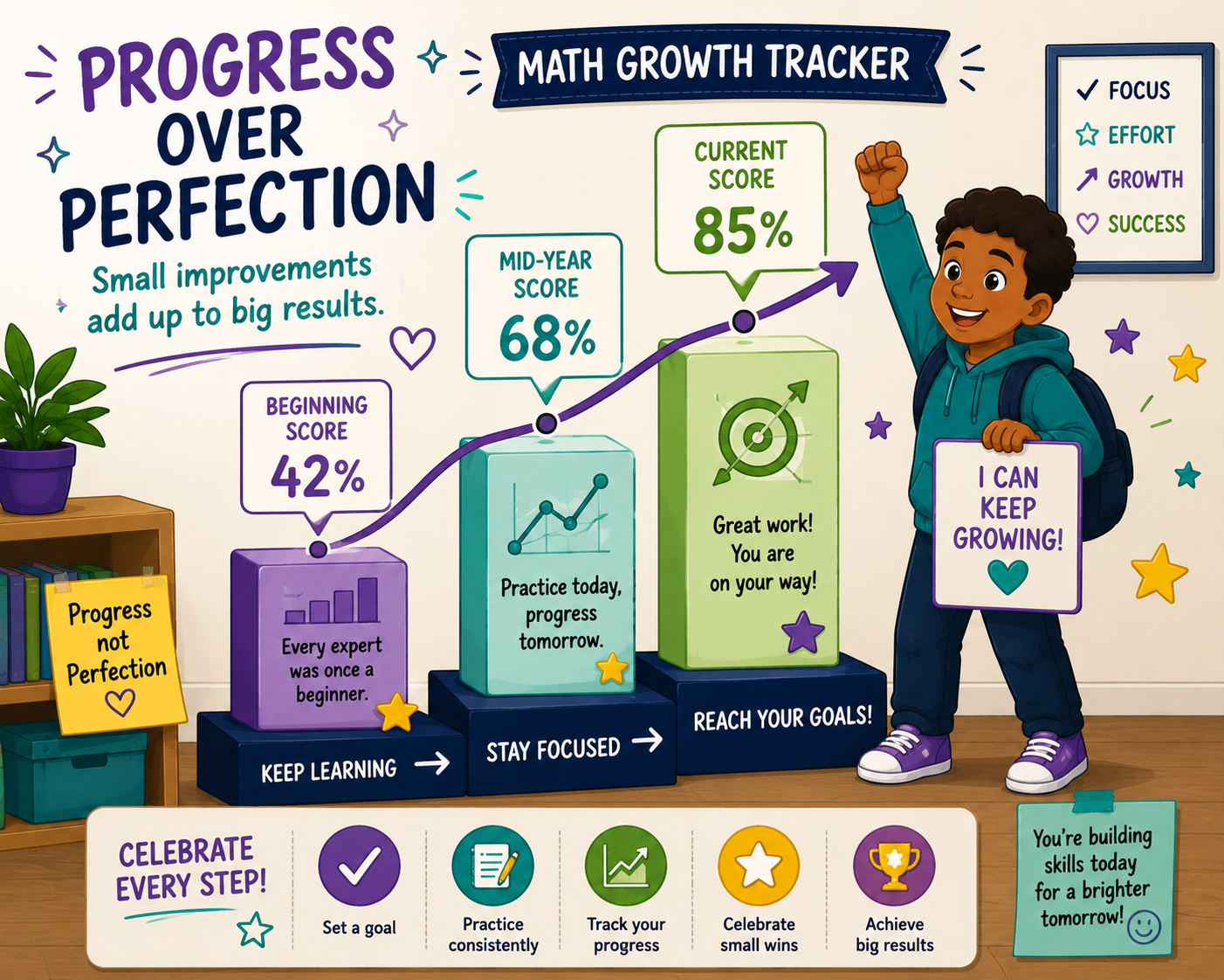 Math progress tracker showing a student's academic growth from 42% to 85% through goal setting, consistent practice, progress monitoring, and personalized math support. Math progress tracker showing a student's academic growth from 42% to 85% through goal setting, consistent practice, progress monitoring, and personalized math support.