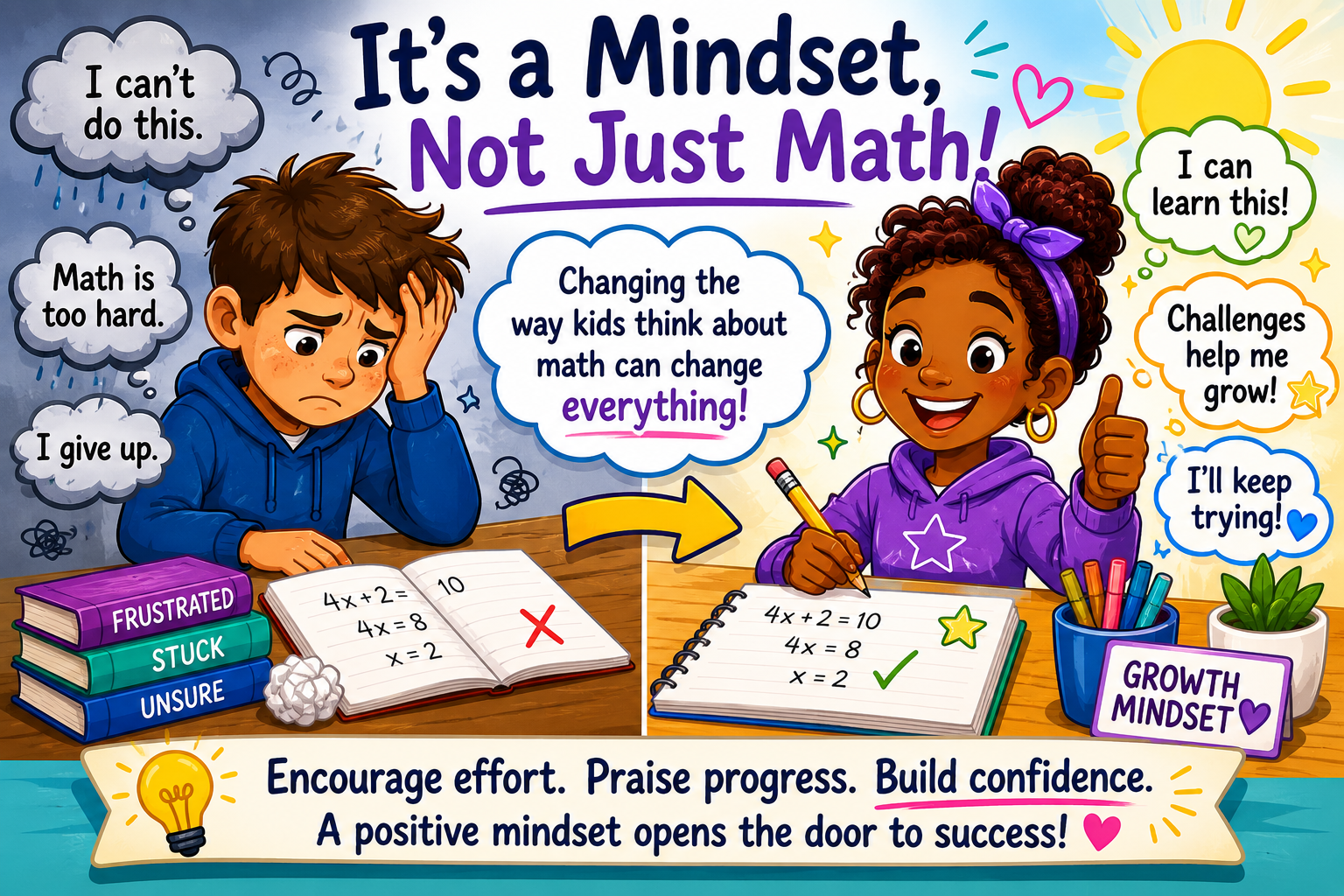 Educational infographic comparing a frustrated math student with a confident learner, demonstrating how a growth mindset, persistence, and positive support can improve math confidence and academic success. Educational infographic comparing a frustrated math student with a confident learner, demonstrating how a growth mindset, persistence, and positive support can improve math confidence and academic success.