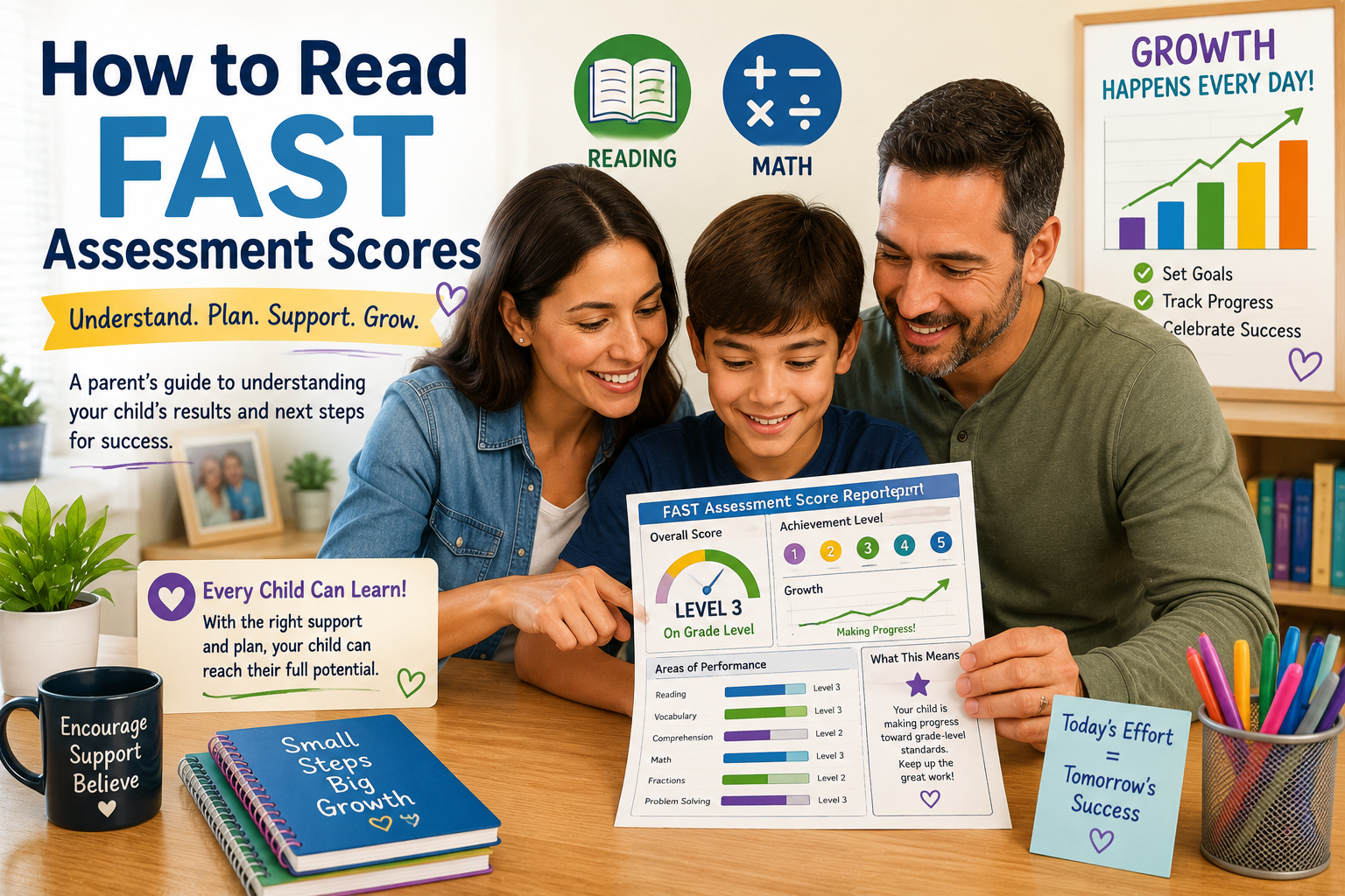 Parent helping a student understand FAST Assessment scores and academic growth results in Florida.