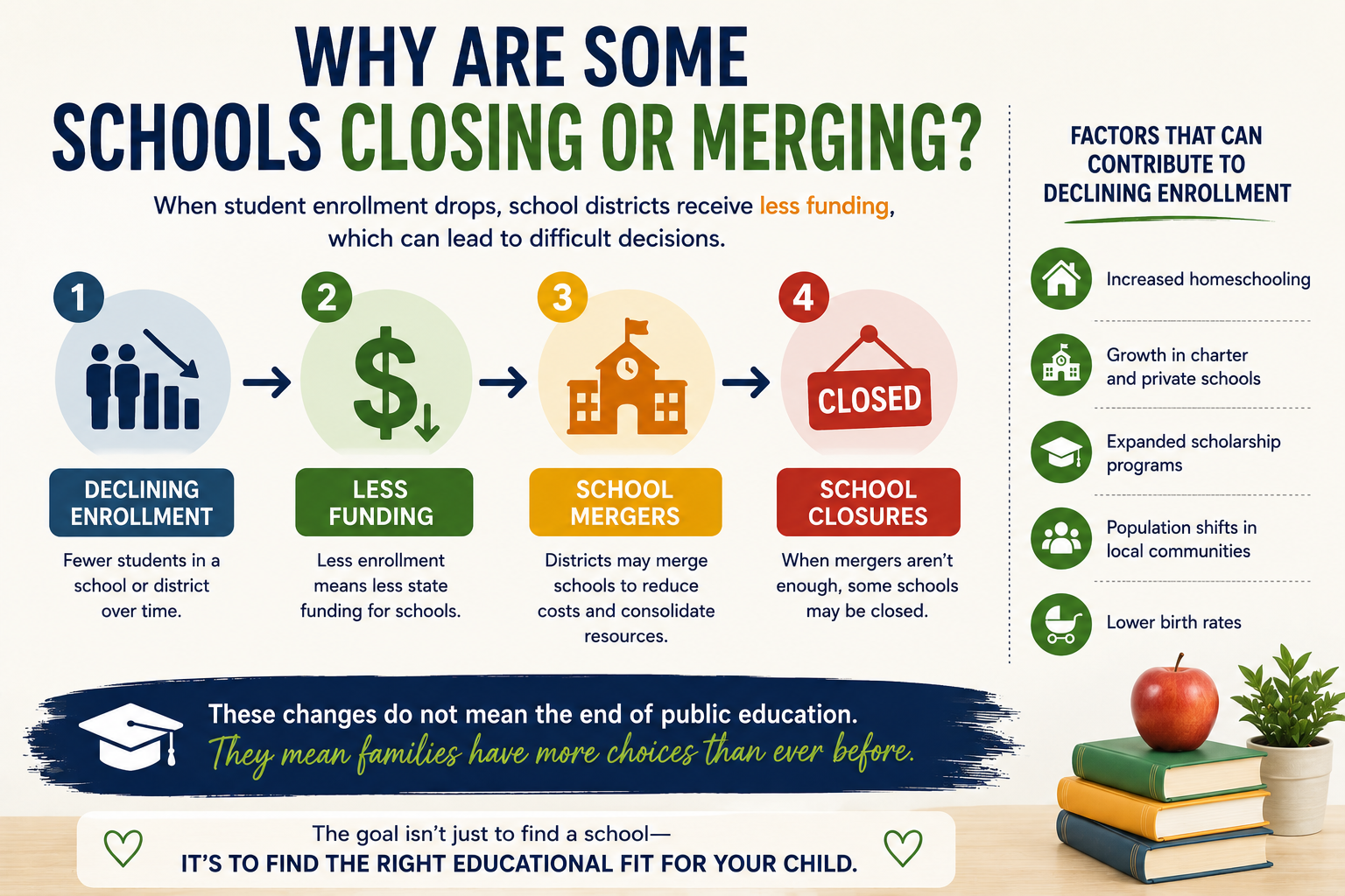 Infographic explaining why some Florida schools are closing or merging due to declining enrollment, reduced funding, and the growth of school choice options such as homeschooling, charter schools, and private schools.