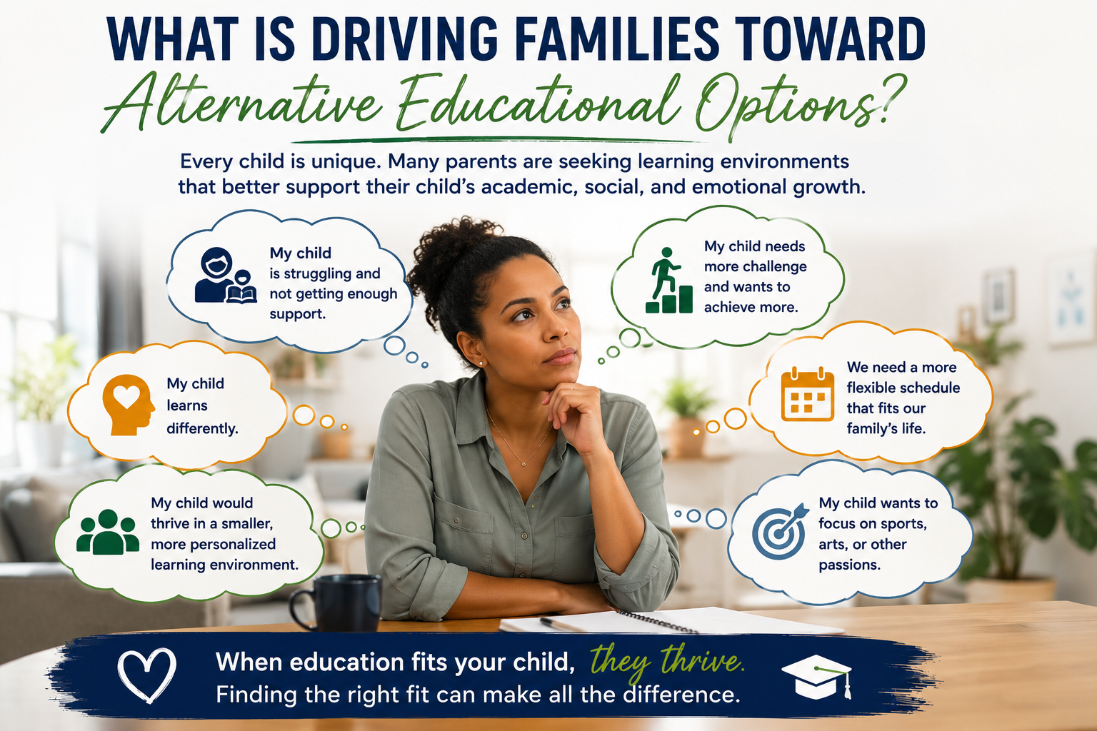Infographic illustrating why Florida families are exploring alternative education options, including homeschooling, microschools, tutoring, and personalized learning environments that better meet their children's academic and emotional needs.