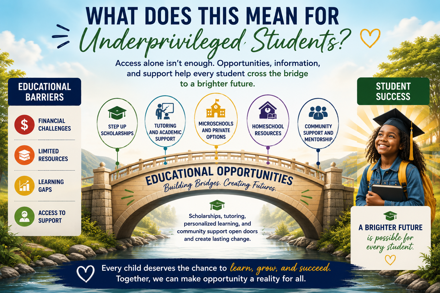 Infographic showing how Florida scholarships, tutoring, microschools, homeschool resources, and community support help students overcome educational barriers and create pathways to academic success.