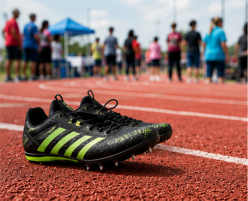Track spikes on a running track representing the conversation at a track meet that inspired Joy's Educational Services' homeschool program.