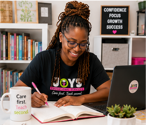 Jennifer "Ms. Jen" Jones working with educational materials in her home classroom at Joy's Educational Services.