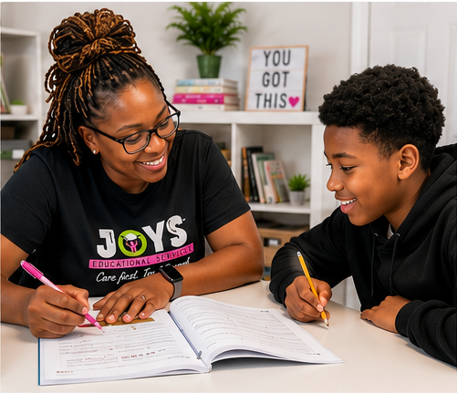 Ms. Jen providing one-on-one academic support to a middle school student during a personalized tutoring session.
