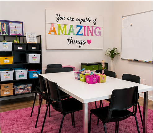 Small-group homeschool classroom at Joy's Educational Services with collaborative learning tables and educational resources.
