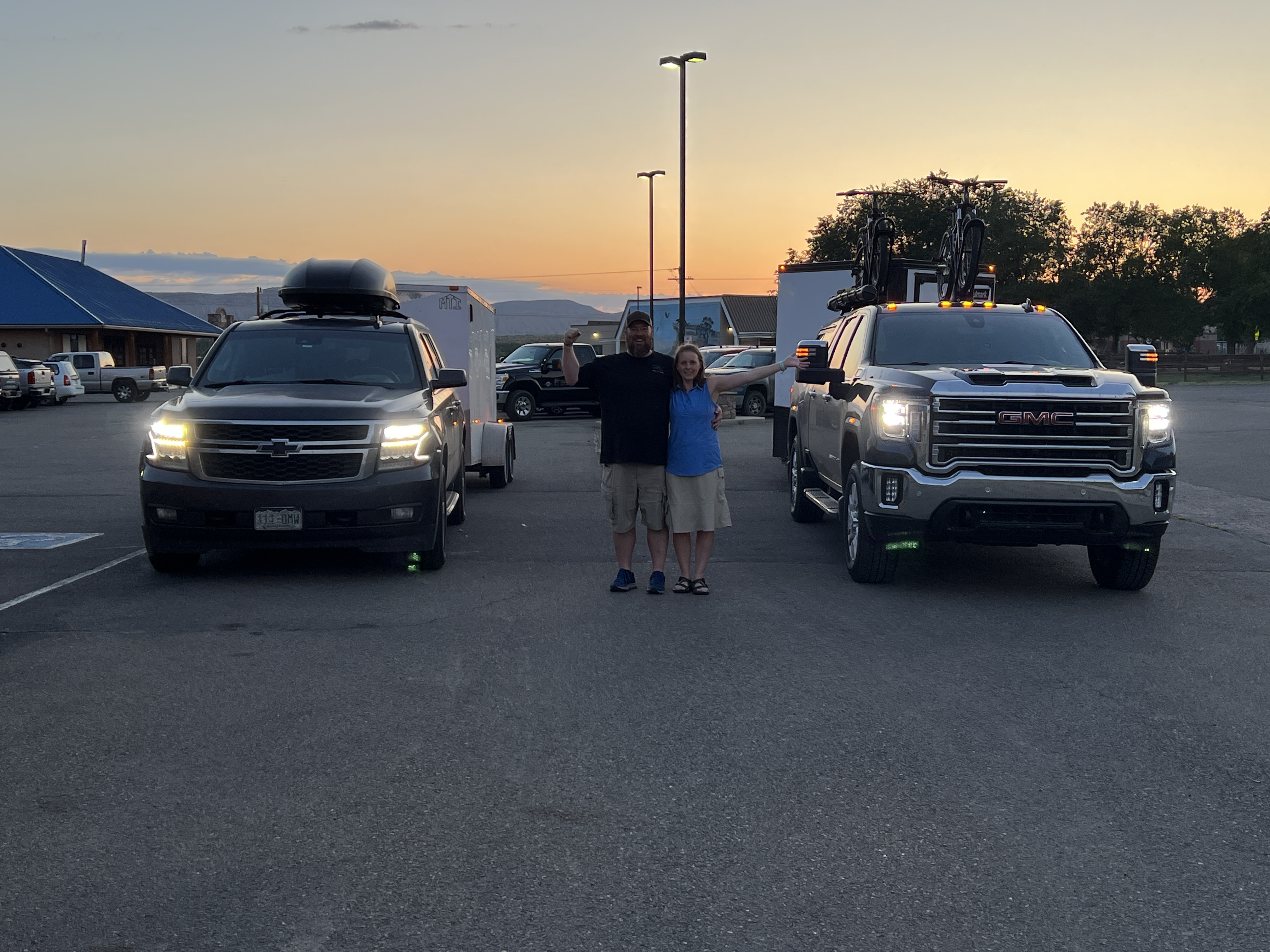The two moving trailers at sunset