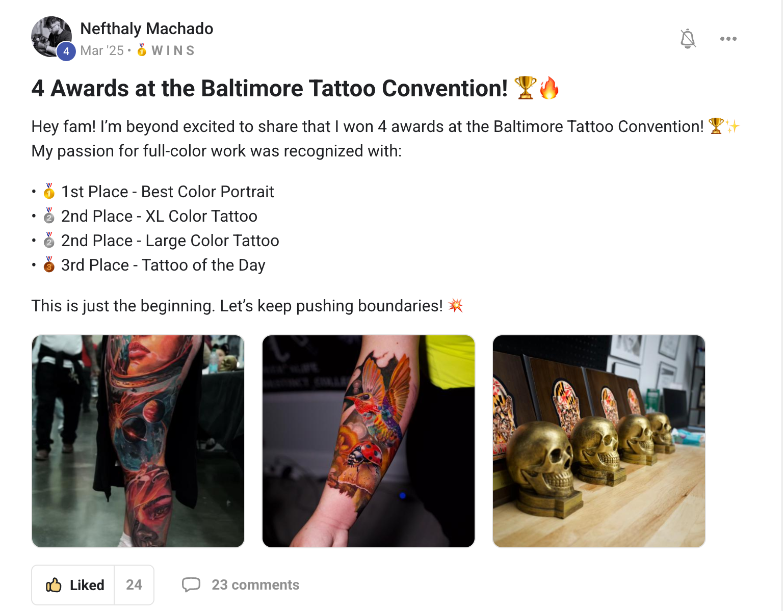 Member post: won 4 awards at the Baltimore Tattoo Convention