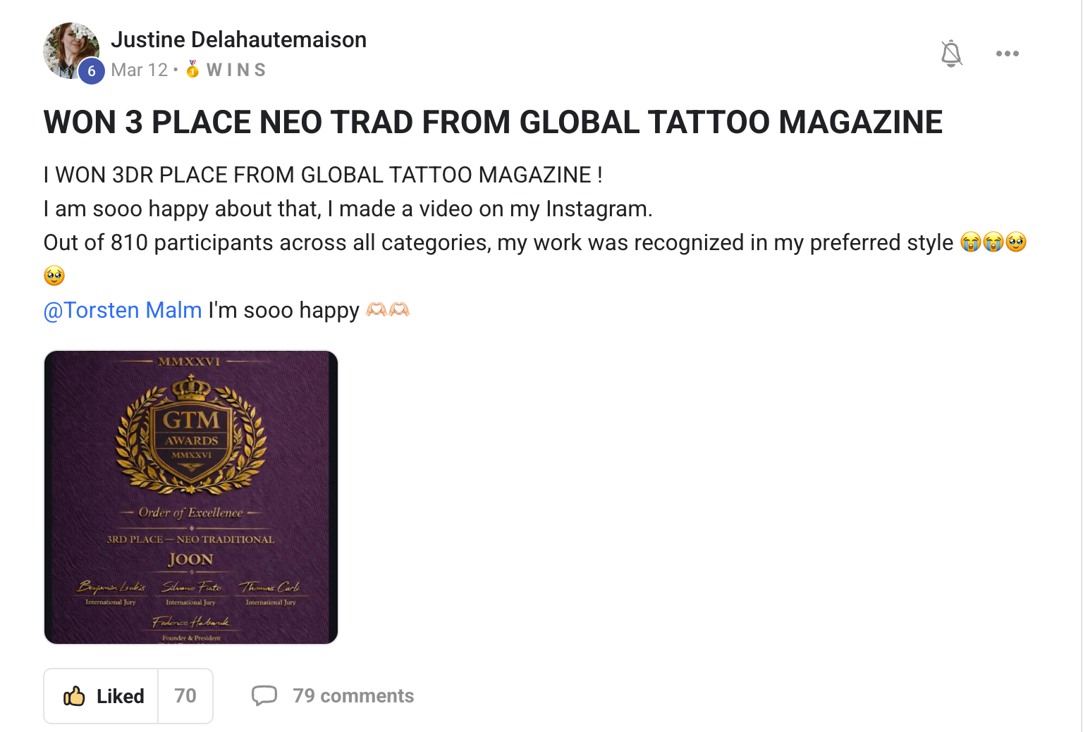 Member post: 3rd place from Global Tattoo Magazine out of 810 participants