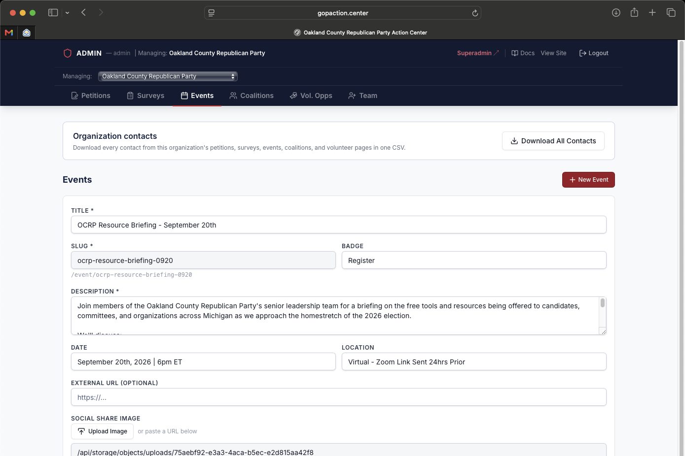 Action Center admin screen for creating an event