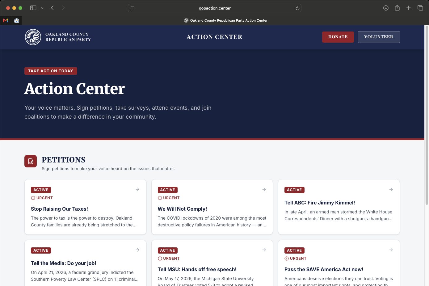 Oakland County Action Center home page listing active petitions