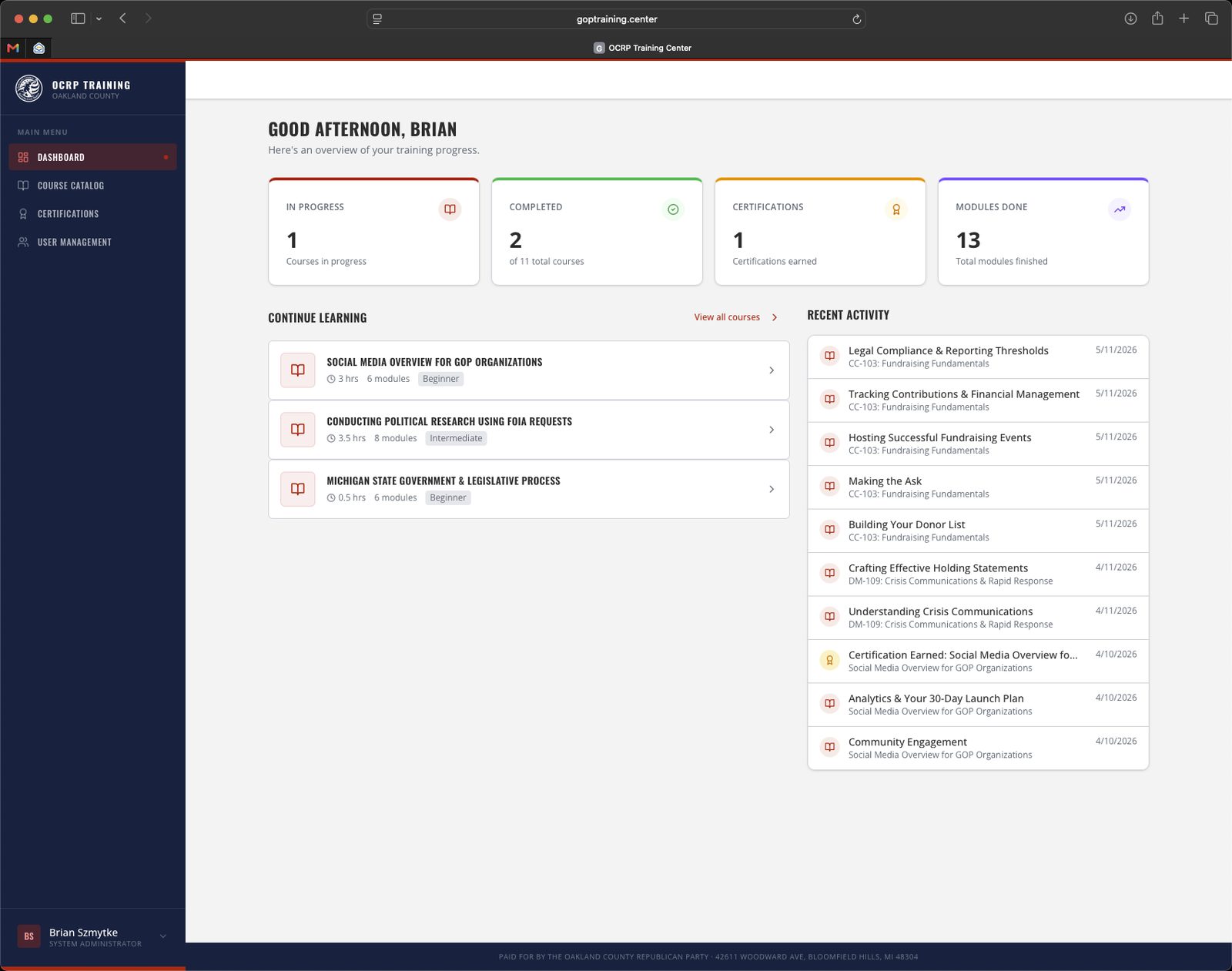 Training Center personal dashboard showing course progress and certifications